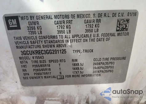 2016 Chevrolet Silverado 1500 2Lt from USA, damaged, VIN 3GCUKREC3GG201125